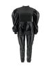 Plus Size Contrast Layer Solid Puff Sleeve Tops & Sweatpants Set; Women's Plus Medium Stretch 2pcs Set Outfits