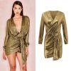 Hot Spring and Summer Deep V-neck Solid Color Irregular Skirt Long-sleeved Dress